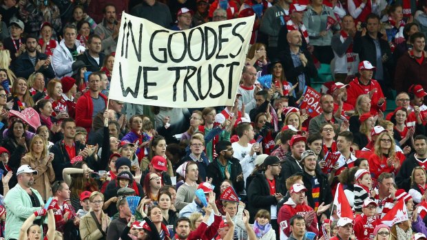 He's our man: Swans fans show their support for Adam Goodes.