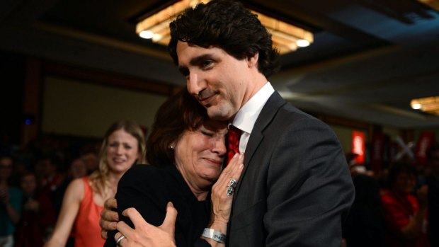 Margaret Trudeau celebrates with her son Justin after he won the federal leadership of Canada's Liberal Party in April 2013.