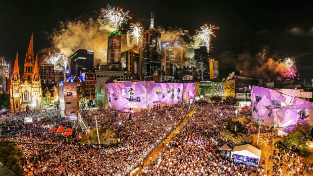 The midnight fireworks display, seen from Federation Square in Melbourne.