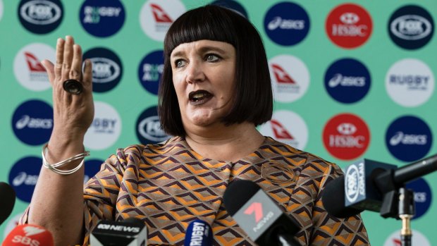 New Rugby Australia boss Raelene Castle holds her first press conference at the organisation's Moore Park headquarters in Sydney. 