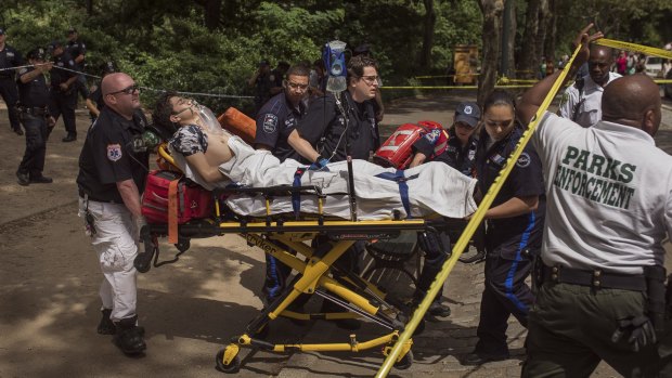 The injured tourist is carried to an ambulance in Central Park in New York on Sunday.
