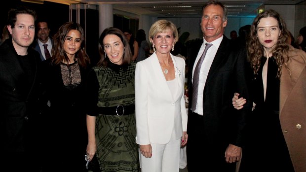 Designer Marc Freeman, <i>Vogue Australia</i> fashion director Christine Centenera, AFC chairwoman Edwina McCann, Foreign Minister Julie Bishop and partner David Panton with designer Bianca Spender at the AFC's birthday celebrations.