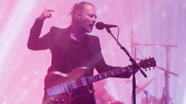 Singer Thom Yorke plays with the group Radiohead at Glastonbury 2017.