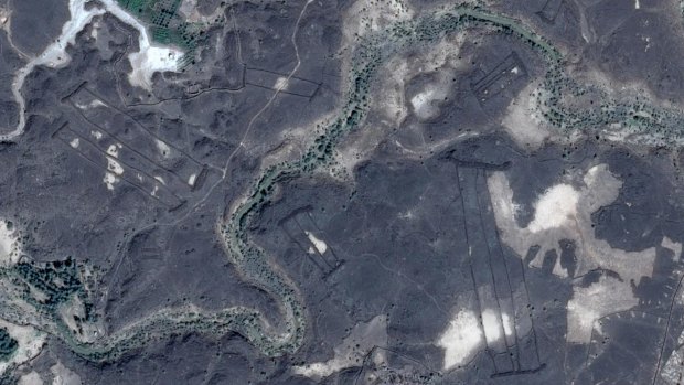 An aerial view of mysterious "gates" in Saudi Arabia, which David Kennedy, an archaeologist at the University of Western Australia, has been cataloging for a decade.  