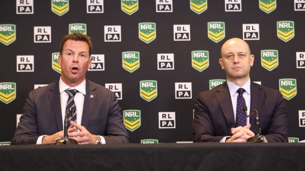 Rugby League Players Association chief executive Ian Prendergast and NRL chief executive Todd Greenberg  announce a new pay deal for players for the next five years.