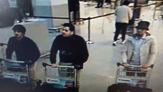 Brussels airport bombers caught on CCTV minutes before the explosion in March.