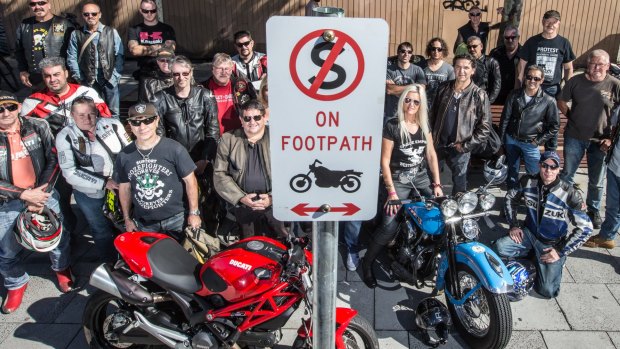 Motorcyclists protest over a City of Port Phillip footpath parking ban outside the Vineyard bar in Acland Street, St Kilda.