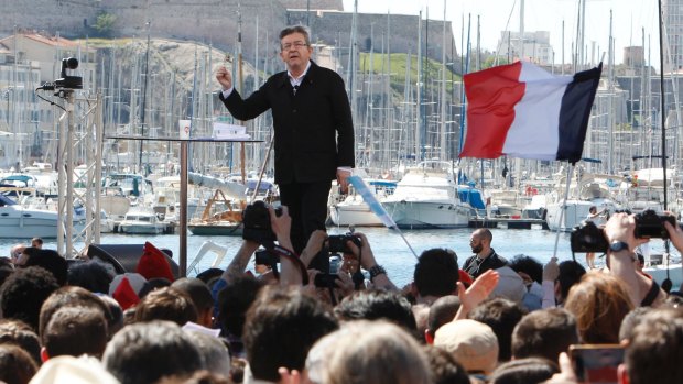 French hard-left presidential candidate Jean-Luc Melenchon speaks during a campaign rally in Marseille's Old Port, southern France.