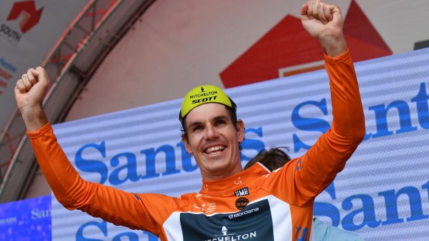 Unexpected winner: South African rider Daryl Impey of team Mitchelton-Scott celebrates after winning the leader's jersey after stage five of the Tour Down Under.