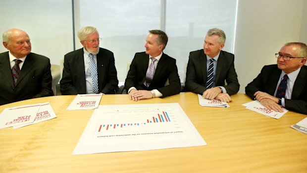 Bob Officer, Mike Keating, shadow treasurer Chris Bowen, opposition finance spokesman Tony Burke and James MacKenzie after Labor released its costingson Sunday.