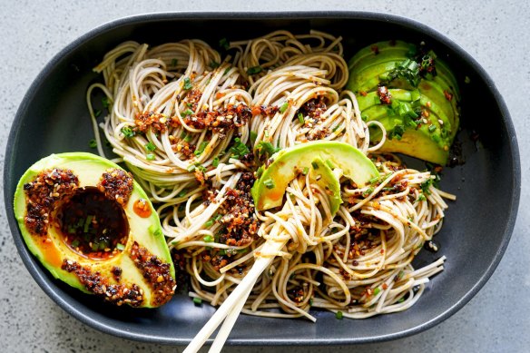 Soba noodles with cheat's crunchy chilli oil and avocado.