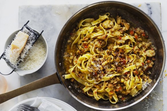 Soaked broad beans gives this pasta sauce a super-creamy texture.