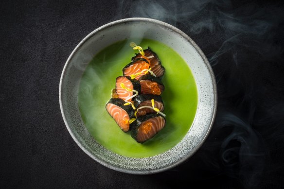 Smoking salmon sashimi, wasabi pea and nori.