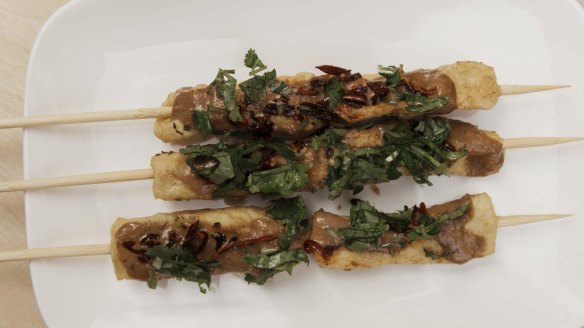 Tofu skewers were inspired by Taiwanese stinky tofu.