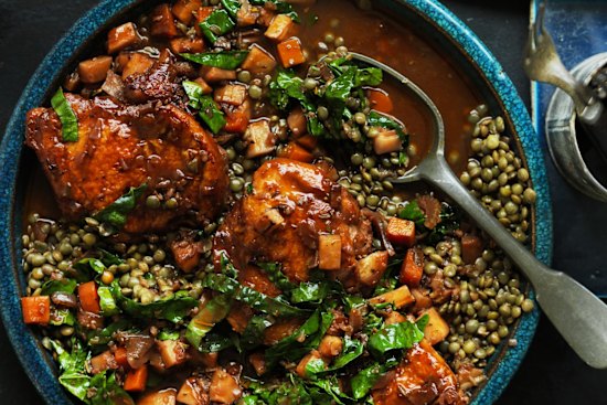 Neil Perry's braised chicken with lentils and vegetables.