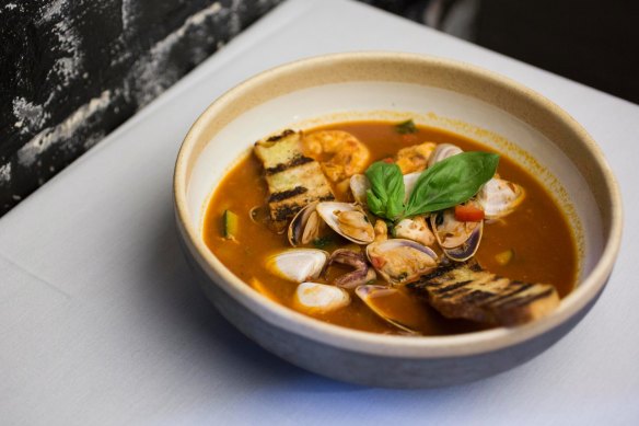 Traditionally played: Zuppa is a seafood stew with a rich, bisquey sauce.