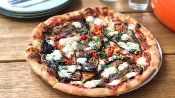Bam Bam's grilled eggplant and chilli vegan pizza.