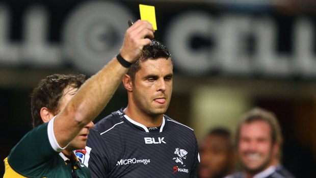 Andre Esterhuizen of the Sharks is given a yellow card by referee Glen Jackson during the match against the Stormers on the weekend.