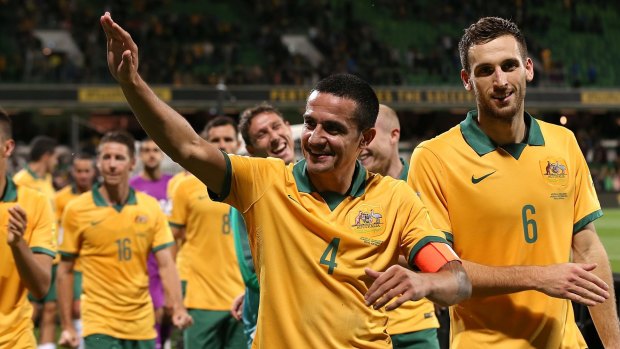 Socceroos great Tim Cahill saluates the crowd in Perth after Thursday night's 5-0 win against Bangladesh.