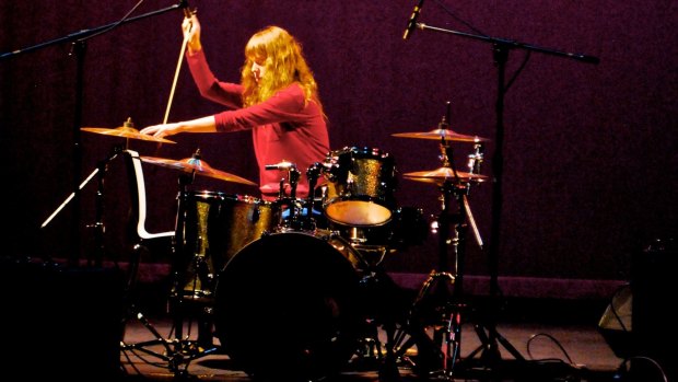 Drummer Holly Harrison performs in Sydney composer John Encarnacao's trio Espadrille.