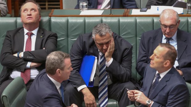 Warren Truss (rear, right) during question time on Tuesday with  Agriculture Minister Barnaby Joyce (left), Leader of the House Christopher Pyne, Treasurer Joe Hockey and Prime Minister Tony Abbott.