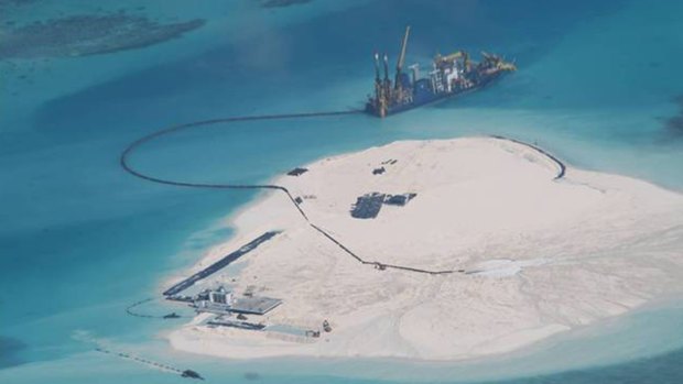 Reclamation: A Chinese vessel works on expanding the Johnson Reef in the Spratly Islands on May, 2014.