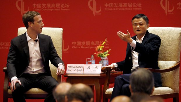 Facebook's Mark Zuckerberg with Jack Ma at the China Development Forum in Beijing this year.