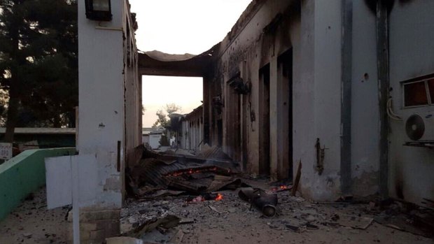 The burnt Medicins Sans Frontieres hospital after the explosion.