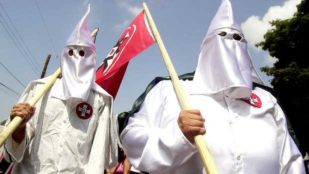 Ku Klux Klan members during a small group march in Sharpsburg, Maryland.