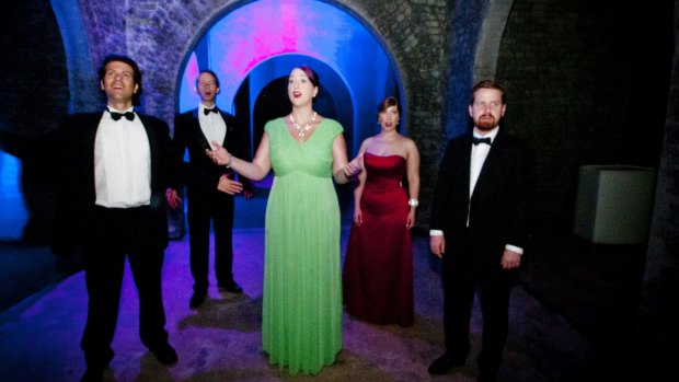 An Opera performed underground at the Spring Hill Reservoir, featuring from left: Mattias Lower, Jon Maskell, Clarissa Foulcher, Ashleigh Maclaine and Brendan Murtagh. 