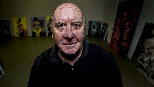 Bald Archy creator Peter Batey with some of the entries to the satirical art award.