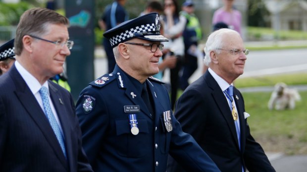 National Police Remembrance Day ceremony at Kings Domain. (From left) then Premier Denis Napthine, Chief Commissioner Ken Lay and Governor of Victoria Alex Chernov. 