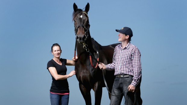 Trainer Francis Finnigan and his wife Samantha with Thunderbird One at Cranbourne racecourse on Wednesday. 