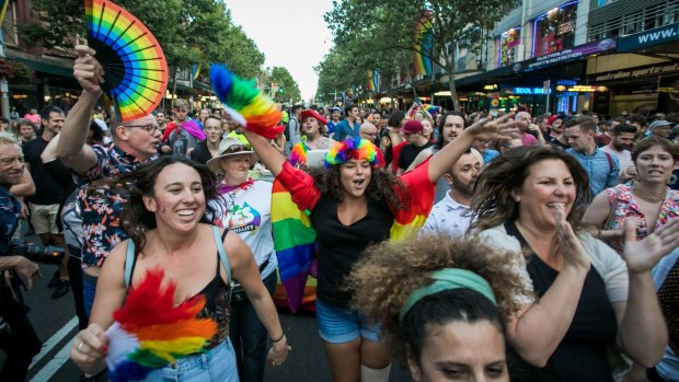 LGBTQI community and pro marriage equality advocates celebrate the yes verdict of Australia's postal vote on same sex marriage.