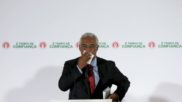 Portuguese Socialist leader Antonio Costa addresses supporters following result of Portugal's general elections Sunday.