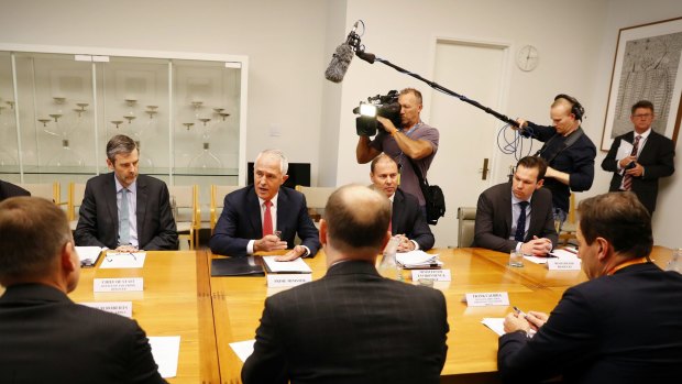 Prime Minister Malcolm Turnbull and Minister for Environment and Energy Josh Frydenberg meet with representatives of the gas industry including APPEA Chief Executive Malcolm Roberts, Shell Australia Country Chair Andrew Smith and Origin Managing Director and CEO Frank Calbria (back turned to camera) during a roundtable meeting at Parliament House in Canberra on Wednesday 15 March 2017. fedpol Photo: Alex Ellinghausen