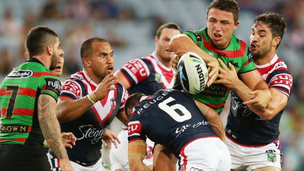 Back with a bang: Rabbitohs superstar Sam Burgess will return to the NRL in a Sunday afternoon blockbuster against the Roosters on March 6.  