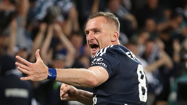 Smashing performance: Besart Berisha equalled Archie Thompson's goalscoring record in the second half of Saturday night's Melbourne derby.