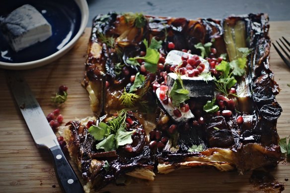 Sticky pomegranate molasses helps to caramelise the onion, leek and fennel.