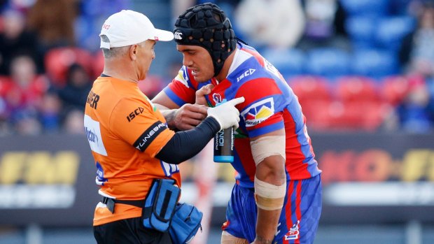 Rule dout: Sione Mata'utia is treated after a head knock against Melbourne in round 24 last season.