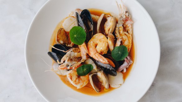 Brodetto di pesce with scampi, king prawn, Cloudy Bay clams, Port Arlington mussels, scallop, squid and prawn broth.