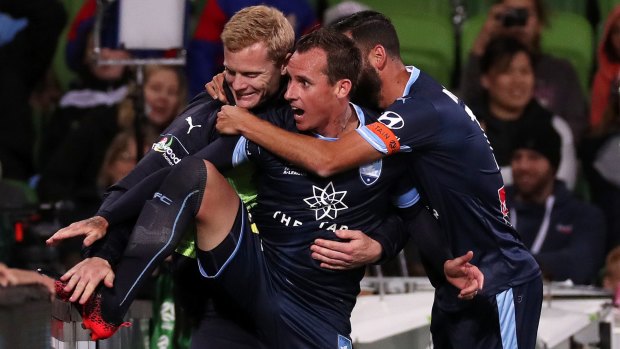 Luke Wilkshire celebrates his winning goal for Sydney FC.