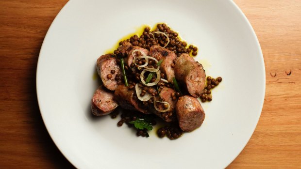 Berkshire pork, fennel and rosemary sausage with lentil salad.