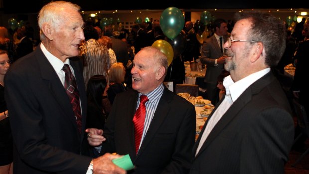 Old firm: Norm Provan with Bobby Bugden and Steve Kneen at a centenary dinner at Sharkies in 2012. 