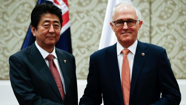 Australian Prime Minister Malcolm Turnbull and  Japanese Prime Minister Shinzo Abe during a bilateral meeting at the ASEAN summit in Manila in November 2017.