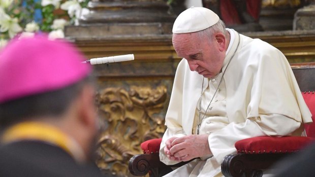 Pope Francis meets with Bishops at the Sacristy of the Cathedral of Santiago, Chile.