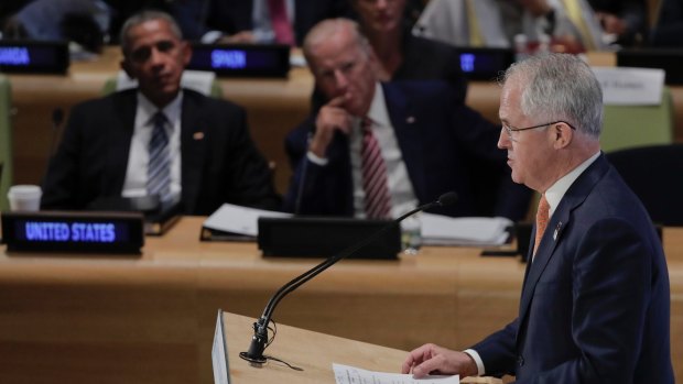 Malcolm Turnbull speaks as US President Barack Obama and Vice-President Joe Biden listen at the Leader's Refugee Summit at the United Nations General Assembly. 