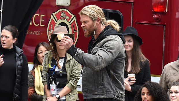 Hollywood actor Chris Hemsworth acts a scene during the filming of the movie <i>Thor: Ragnarok</i> in Brisbane.