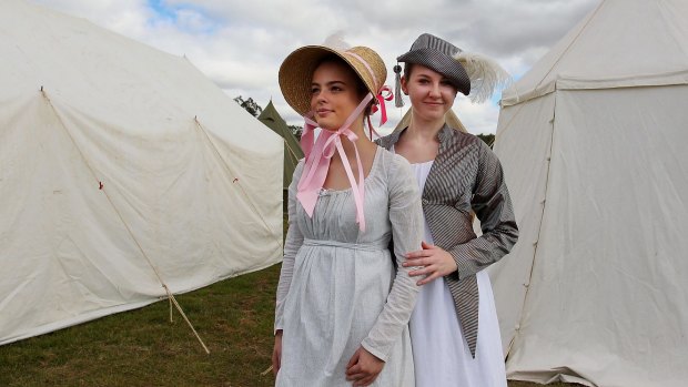 Catherine Topping and Georgia Lane dressed in Regency period costumes.