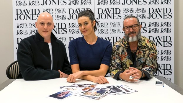 The judges: Michael Lo Sordo, Megan Gale and Kelvin Harries at the casting call at Bourke Street Mall.